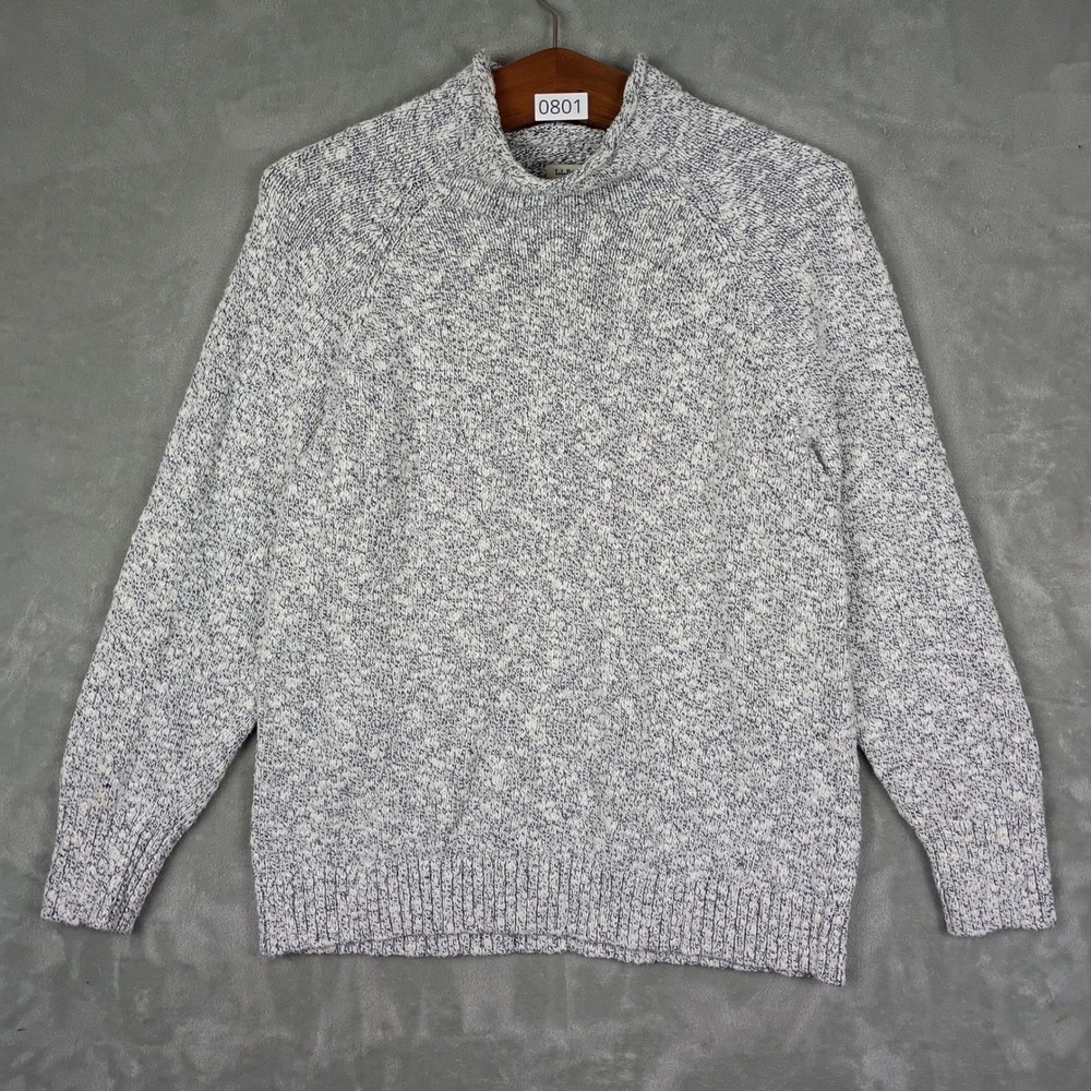 LL Bean Sweater Women Large Blue White Marled Cotton Mock Neck Gorpcore Outdoors